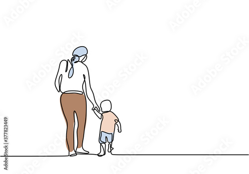 Continuous one line drawing of mom and her kids. Young mother holding hand with her little child and walking in the street. Happy family parenthood concept single line art design vector illustration