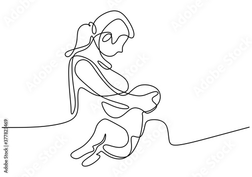 Happy World Breastfeeding Day. One continuous line drawing of mother and her baby. Young beautiful mom is sitting while breastfeeding her child to sleep. Character woman with a child