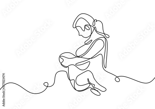 Happy World Breastfeeding Day. One continuous line drawing of mother and her baby. Young beautiful mom is sitting while breastfeeding her child to sleep. Character woman with a child