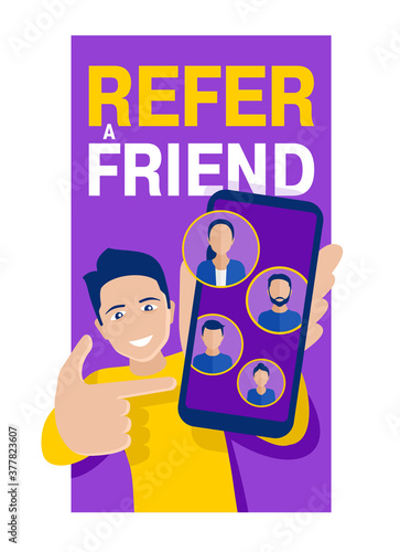Refer a friend - referral program creative vertical format banner - young man holding phone and shows to his friends (people icons, avatars) - vector illustration with bright wavy background