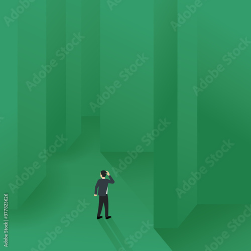 Businessman wandering in a maze with high walls and trying to find way out (solution strategy planning) - labyrinth puzzle confusion - vector metaphoric illustration