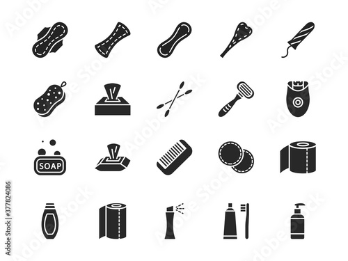 Personal hygiene products flat glyph icon set. Vector illustration sanitary pads, soap, washcloth cotton pads toothbrush napkin razor. Black silhouette