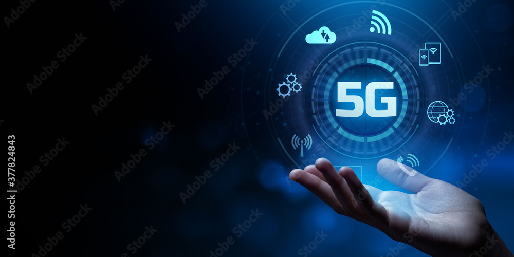 5G mobile internet connection five generation networking concept. Businessman pointing virtual screen.