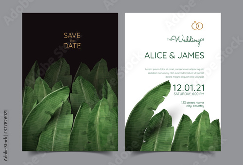 Wedding Invitation, floral invite thank you, rsvp modern card Design: green tropical palm leaf greenery eucalyptus branches decorative wreath & frame pattern. Vector elegant watercolor rustic template