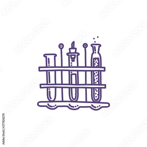 Set of test tubes in a holder for chemical experiments. Glass tubes with some agents for chemical laboratory. Isolated vector illustration in doodle style