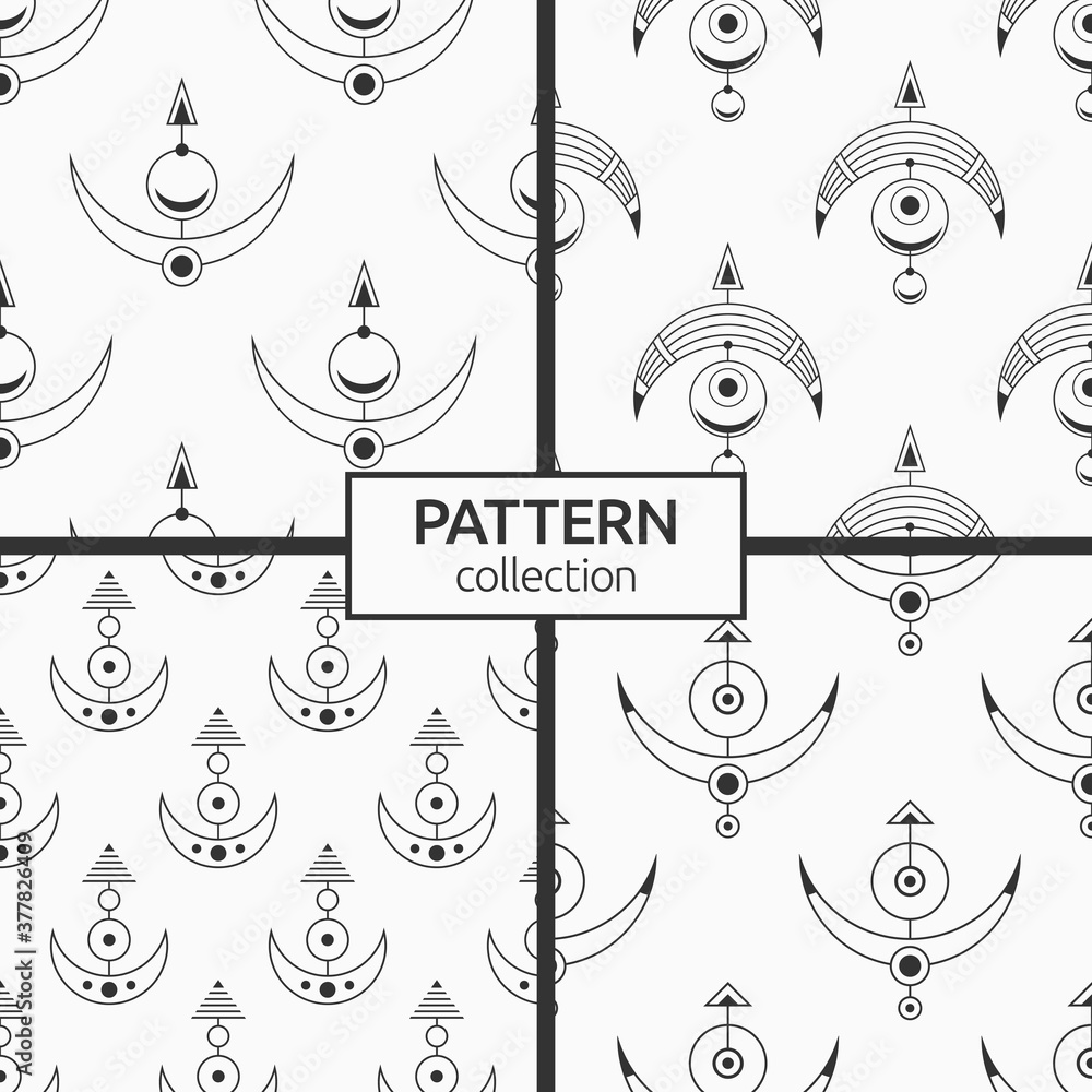 Set of four sacred geometric symbols seamless patterns. Modern stylish texture.  Linear style. Interior design, digital paper, web, textile print, package. Vector monochrome backgrounds.