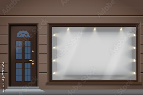 Shop facade exterior with big glass storefront and door. Facade of granite wall and big window. Shopping Street view. Vector Illustration.