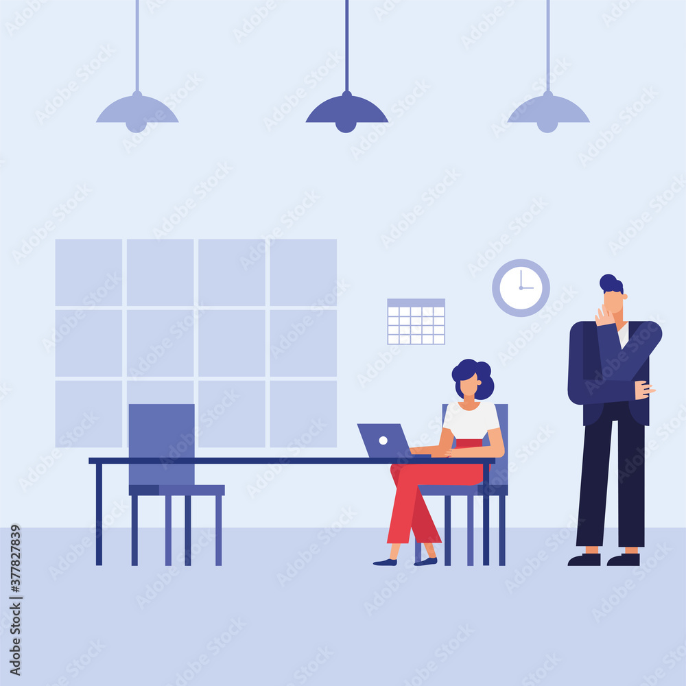 man and woman with laptop at desk in the office vector design