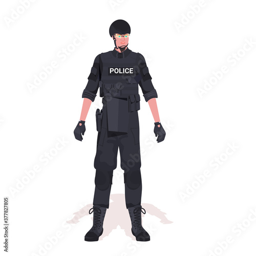 policeman in full tactical gear riot police officer and protesters and demonstration riots mass control concept full length vector illustration