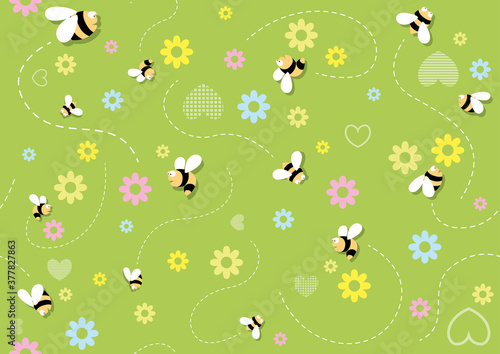 Seamless Baby Pattern with Bees on Green Flowering Background - Repetitive Print Texture, Vector Illustration