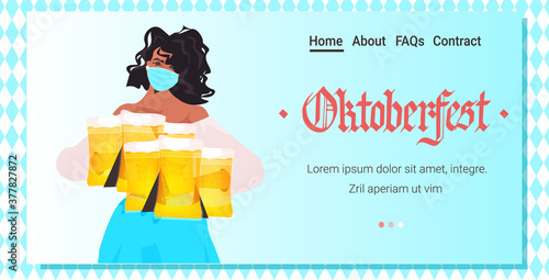 woman holding beer mugs Oktoberfest party festival celebration waitress wearing mask to prevent coronavirus pandemic portrait horizontal copy space vector illustration