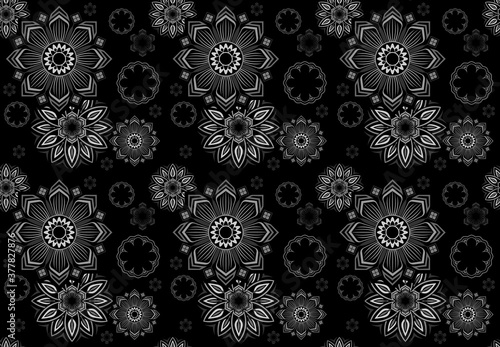 Abstract Seamless Floral Mandala Pattern on Black Background - Repetitive Texture, Vector Illustration