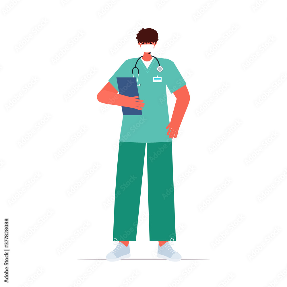 male doctor in uniform wearing mask to prevent coronavirus pandemic labor day celebration concept full length isolated vector illustration male doctor in uniform wearing mask to prevent coronavirus pandemic labor day celebration concept full length isolated vector illustration