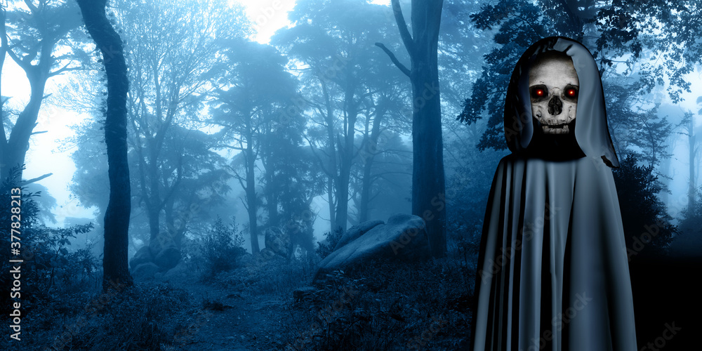 Spooky monster in hooded cloak in misty forest Spooky monster in hooded cloak in misty forest