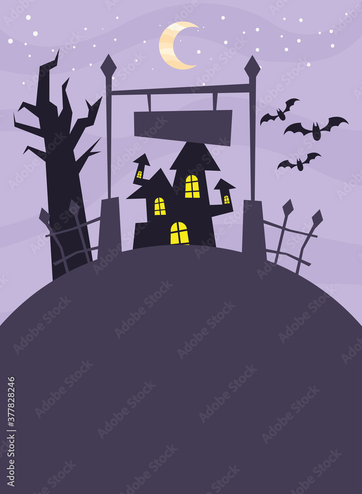 Halloween house with tree at night vector design