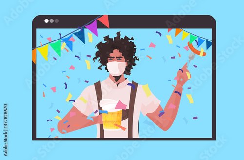 man in mask holding beer mug Oktoberfest party festival celebration self isolation coronavirus pandemic concept web browser window portrait horizontal vector illustration