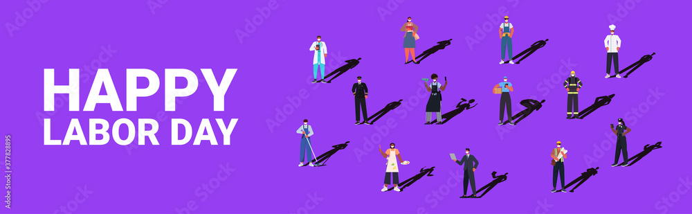 people of different occupations celebrating labor day mix race workers wearing masks to prevent coronavirus pandemic full length horizontal isometric vector illustration