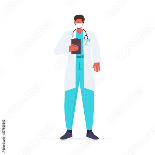 male doctor in uniform wearing mask to prevent coronavirus pandemic labor day celebration concept full length isolated vector illustration