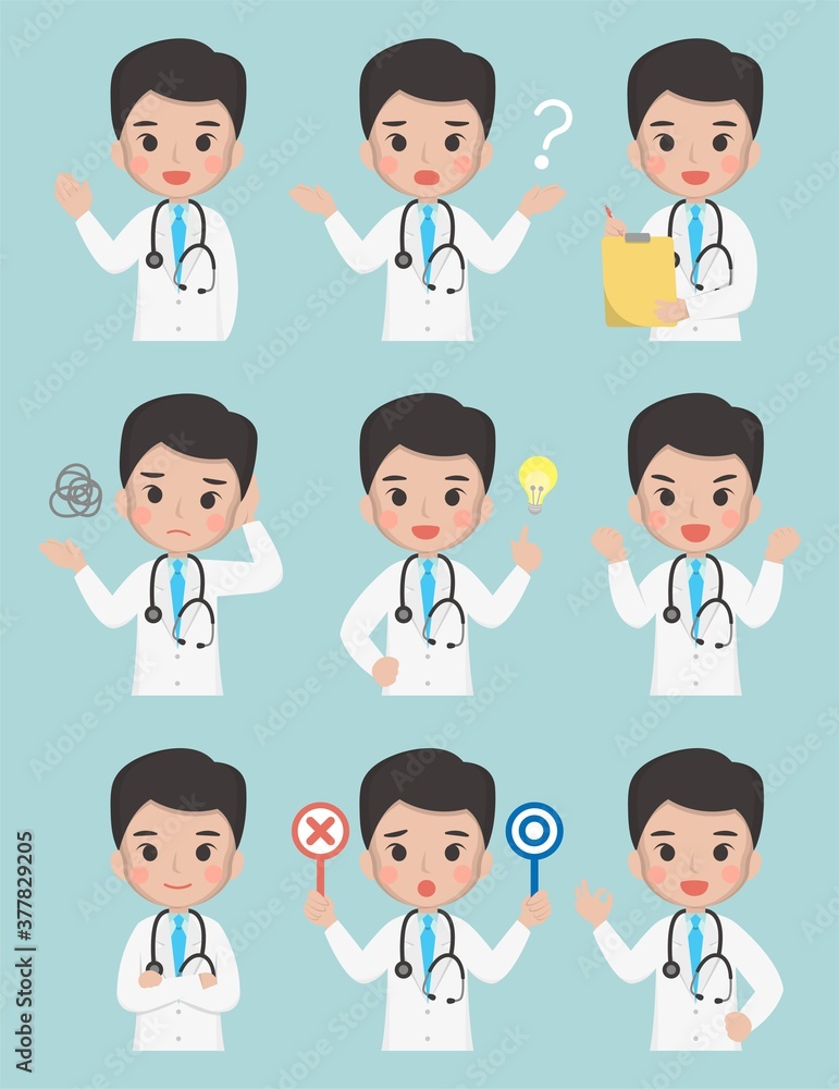 Middle-aged medical worker, male doctor, medical, paramedic, isolated on background, flat cartoon comic vector illustration, emoji, action, set