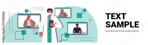 male doctor discussing with mix race patients during video call online medical consultation coronavirus quarantine self isolation concept horizontal copy space vector illustration