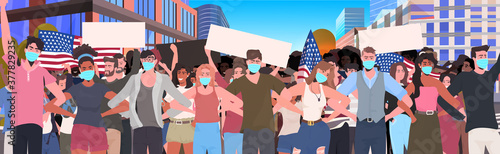 mix race people crowd in masks holding empty banner labor day celebration coronavirus quarantine concept cityscape background portrait horizontal vector illustration
