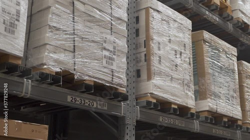 Warehouse interior and rows of shelves with boxes.