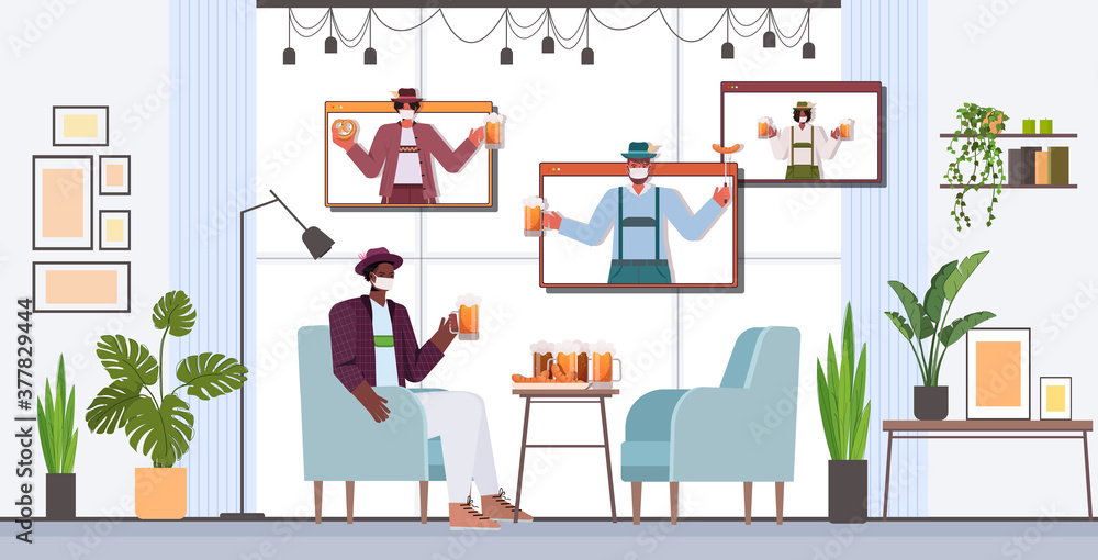 man in mask drinking beer discussing with friends during video call Oktoberfest party celebration coronavirus quarantine self isolation concept living room interior horizontal vector illustration man in mask drinking beer discussing with friends during video call Oktoberfest party celebration coronavirus quarantine self isolation concept living room interior horizontal vector illustration