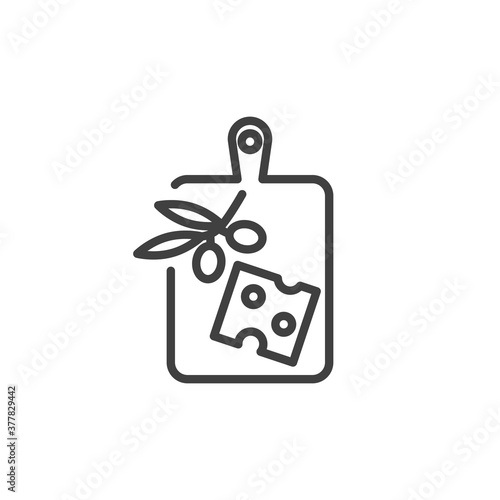 Chopping board with cheese and olive line icon. linear style sign for mobile concept and web design. Wine snack outline vector icon. Symbol, logo illustration. Vector graphics
