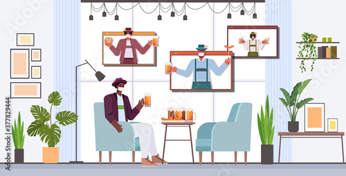 man in mask drinking beer discussing with friends during video call Oktoberfest party celebration coronavirus quarantine self isolation concept living room interior horizontal vector illustration