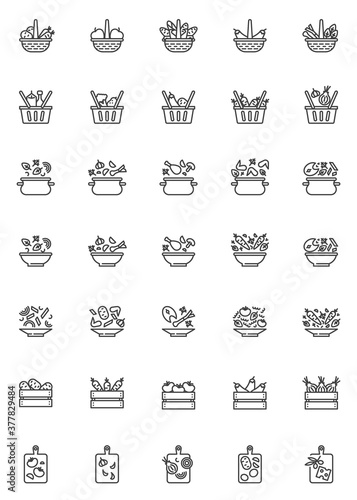 Cooking recipes line icons set. Food preparation linear style symbols collection, outline signs pack. vector graphics. Set includes icons as vegetable soup ingredients, fresh salad chopping, nutrition