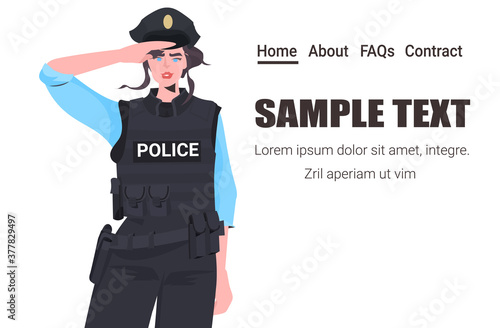 policewoman in tactical gear riot police officer standing pose protesters and demonstration control concept portrait horizontal copy space vector illustration