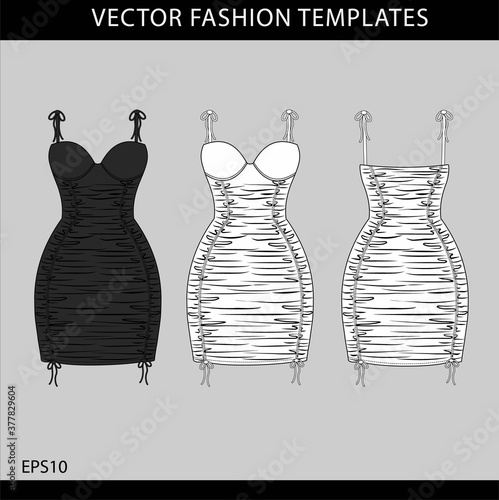 mini dress  fashion flat sketch template, ruched mini dress front and back