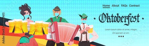 people holding beer mugs Oktoberfest party festival celebration friends wearing masks to prevent coronavirus pandemic portrait horizontal copy space vector illustration