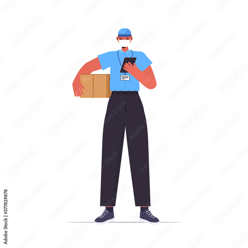 delivery man in uniform with cardboard box wearing mask to prevent coronavirus pandemic self isolation labor day concept full length isolated vector illustration
