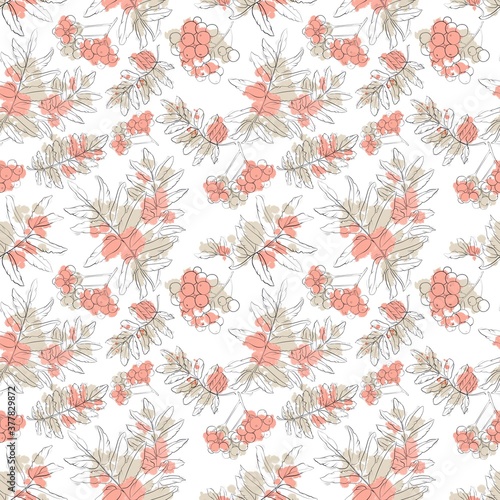 Seamless Graphic pattern  autumn rowan leaves with abstract orange and beige stains on white background 
