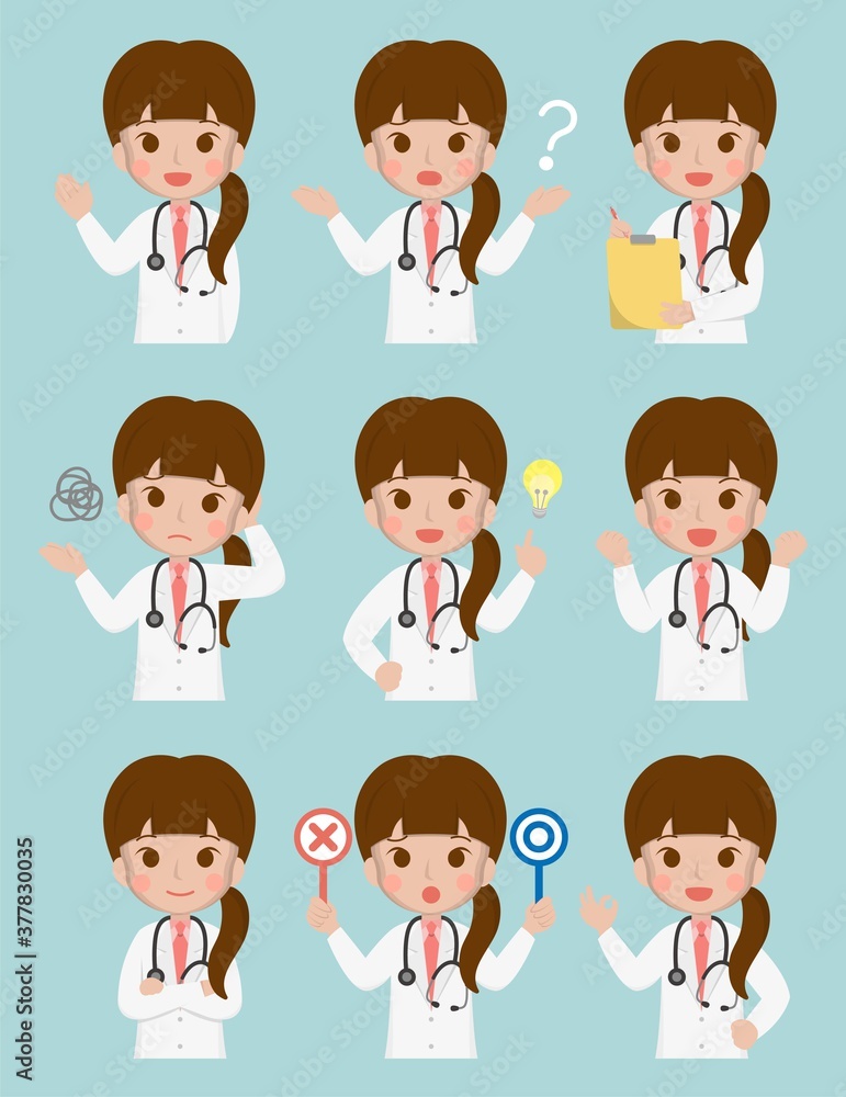 Medical worker, female doctor, medical, medical staff, isolated on background, flat cartoon comic vector illustration, emoticon, action, set