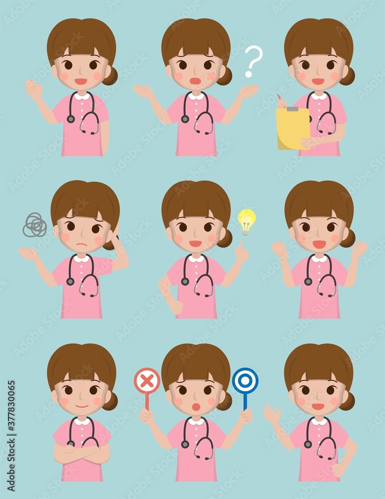 Young medical worker, female nurse, surgical staff, medical, medical staff, isolated on background, flat cartoon comic vector illustration, emoji, action, set
