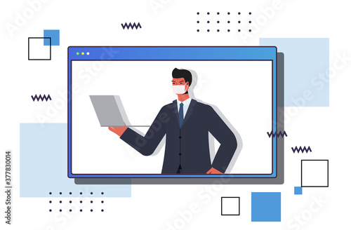 businessman using laptop wearing mask to prevent coronavirus pandemic self isolation online communication concept web browser window horizontal portrait vector illustration