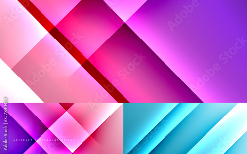 Dynamic diagonal lines abstract background set. Modern trendy techno templates with shadow lines on fluid gradients. Vector wallpaper designs