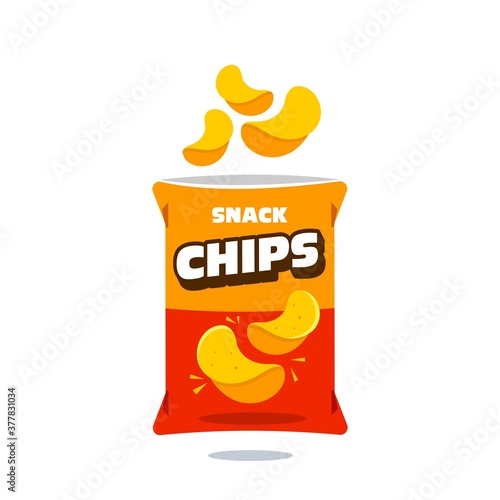 snack chips bag plastic packaging design illustration icon for food and beverage business, potato snack branding element logo vector. 