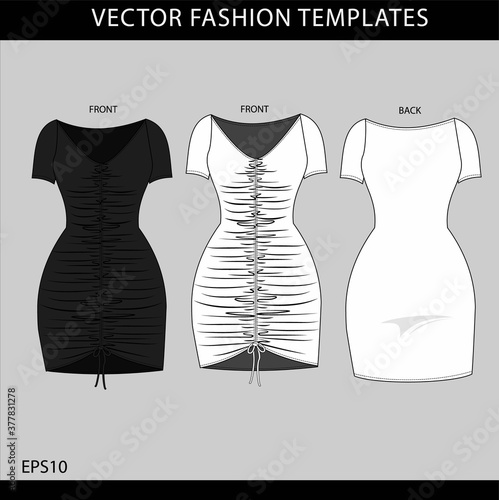 mini dress  fashion flat sketch template, ruched mini dress front and back