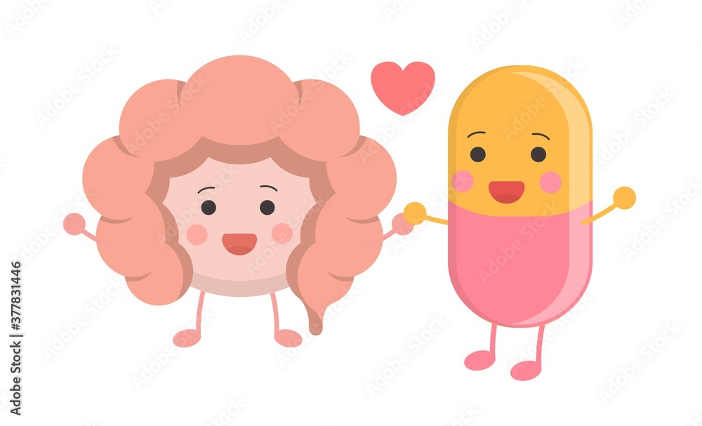 Healthy intestines, with yellow, pink capsules, peaceful coexistence, illustration icon cartoon character, vector flat design, isolated on white background
Healthy intestines, with yellow, pink capsules, peaceful coexistence, illustration icon cartoon character, vector flat design, isolated on white background