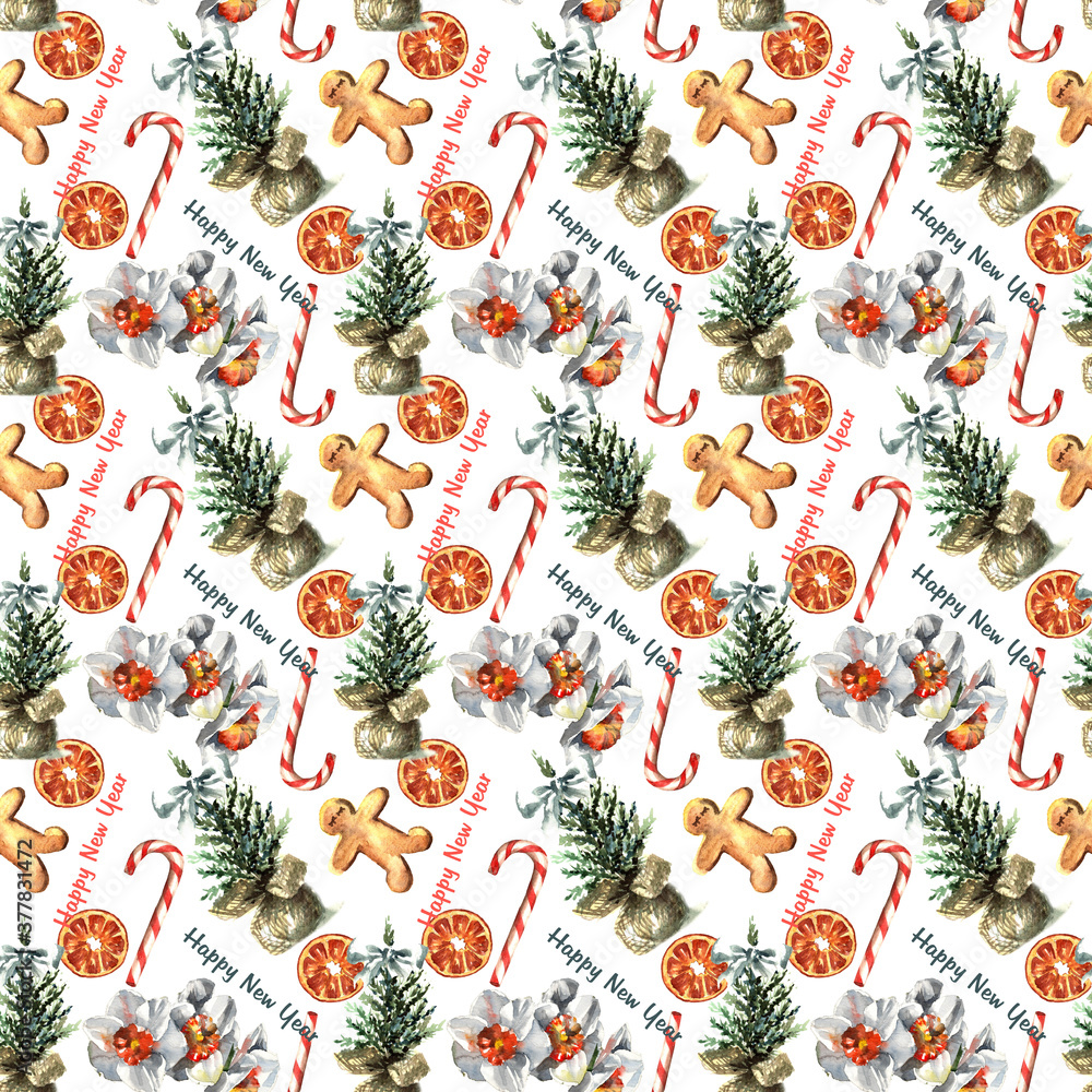 New Year and Christmas seamless pattern of watercolor elements: cookies, tea mug, herringbone, oranges, socks, snowman New Year and Christmas seamless pattern of watercolor elements: cookies, tea mug, herringbone, oranges, socks, snowman