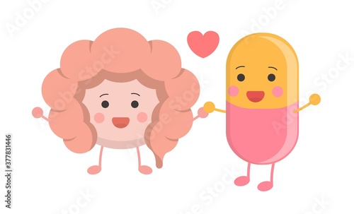 Healthy intestines  with yellow  pink capsules  peaceful coexistence  illustration icon cartoon character  vector flat design  isolated on white background 
