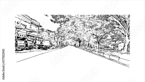 Building view with landmark of Banda Aceh is the capital and largest city in the province of Aceh, Indonesia. Hand drawn sketch illustration in vector.