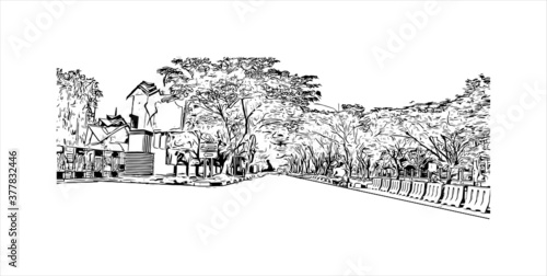 Building view with landmark of Banda Aceh is the capital and largest city in the province of Aceh, Indonesia. Hand drawn sketch illustration in vector.