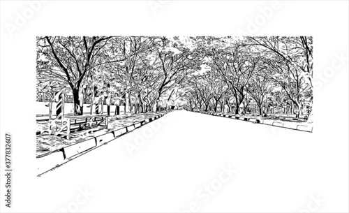 Building view with landmark of Banda Aceh is the capital and largest city in the province of Aceh, Indonesia. Hand drawn sketch illustration in vector.