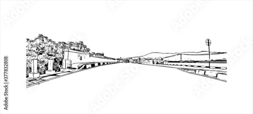 Building view with landmark of Banda Aceh is the capital and largest city in the province of Aceh, Indonesia. Hand drawn sketch illustration in vector.