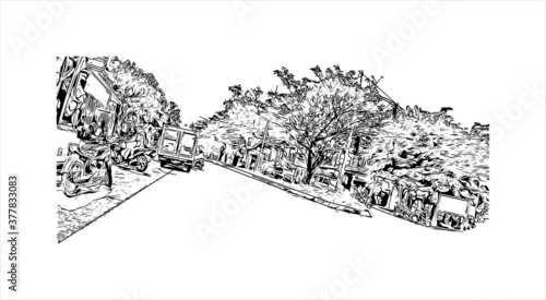 Building view with landmark of Banda Aceh is the capital and largest city in the province of Aceh, Indonesia. Hand drawn sketch illustration in vector.