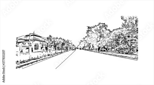Building view with landmark of Banda Aceh is the capital and largest city in the province of Aceh, Indonesia. Hand drawn sketch illustration in vector.